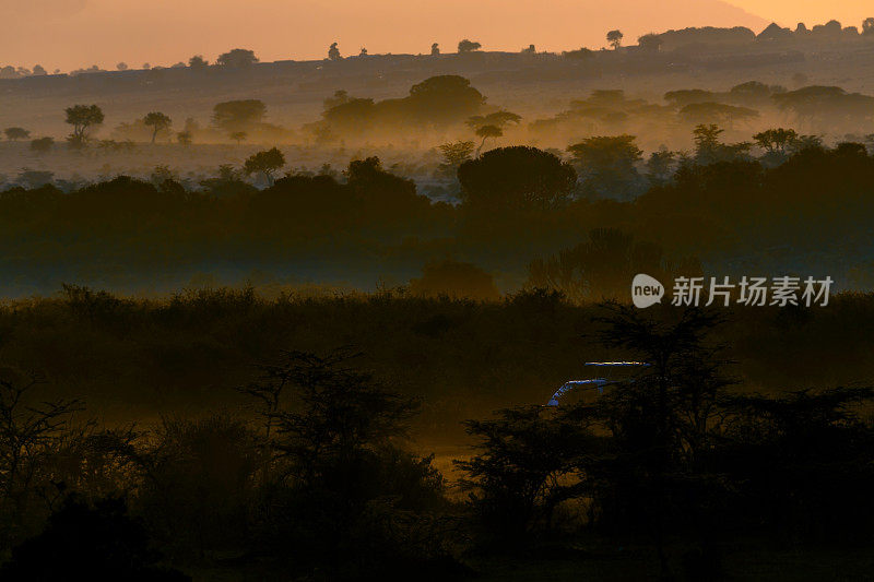 Safari Van和非洲金合欢树在日出